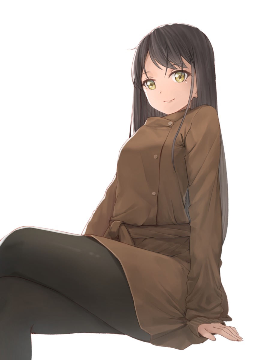 1girl arms_at_sides black_hair black_pantyhose brown_coat coat commentary_request crossed_legs female_focus highres lips long_hair long_sleeves looking_at_viewer original pantyhose resu_desu sitting sleeves_past_wrists smile solo straight_hair trench_coat yellow_eyes