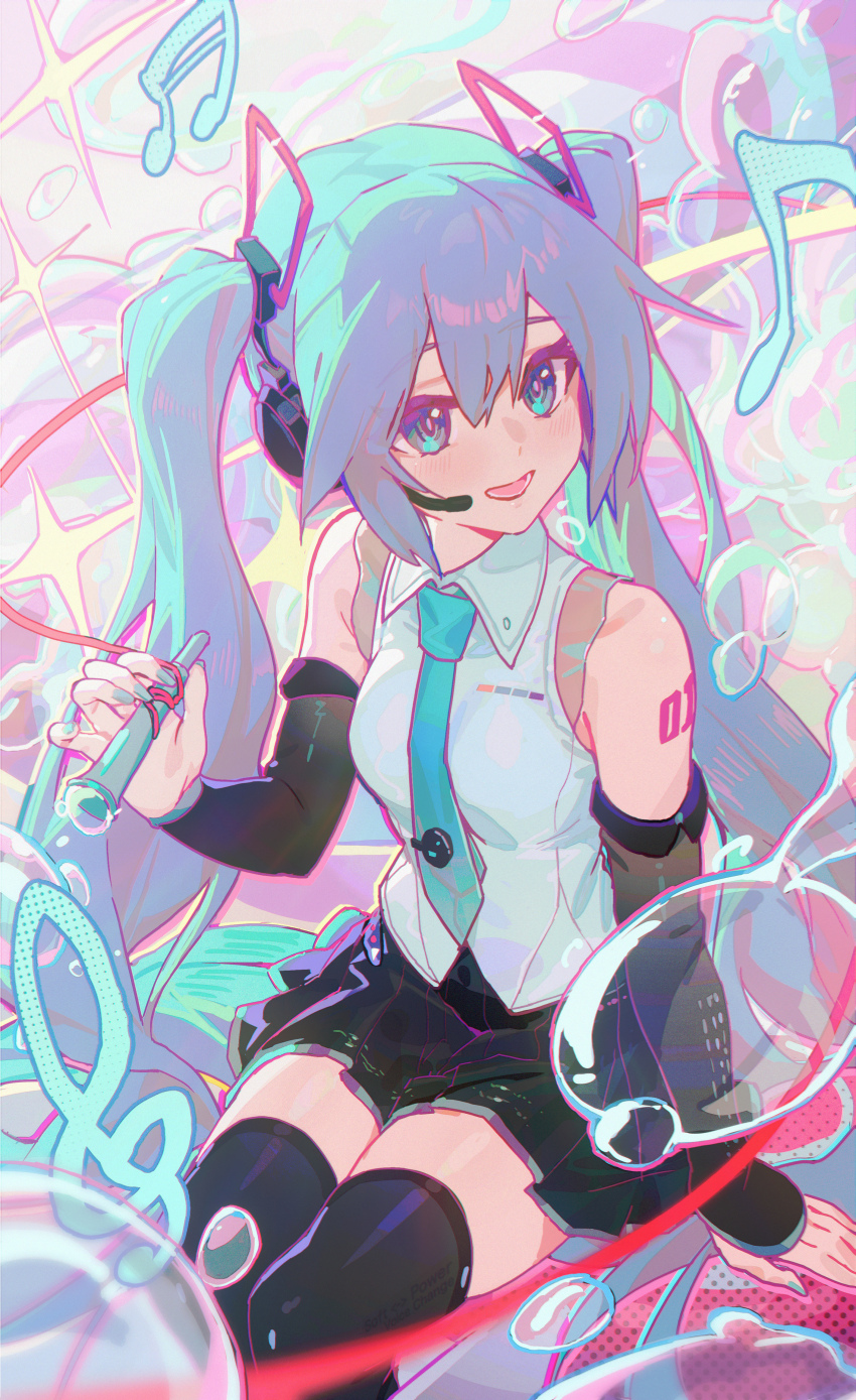 1girl absurdres aqua_eyes aqua_hair aqua_nails aqua_necktie arm_tattoo bare_shoulders beamed_eighth_notes beamed_sixteenth_notes black_skirt black_sleeves black_thighhighs blowing_bubbles bubble collared_shirt commentary detached_sleeves hair_between_eyes hair_ornament hatsune_miku hatsune_miku_(vocaloid4) headset highres holding long_hair looking_to_the_side musical_note necktie number_tattoo open_mouth pleated_skirt r1zen shirt sidelocks sitting skirt sleeveless sleeveless_shirt smile solo sparkle tattoo thighhighs treble_clef twintails v4x very_long_hair vocaloid white_shirt zettai_ryouiki