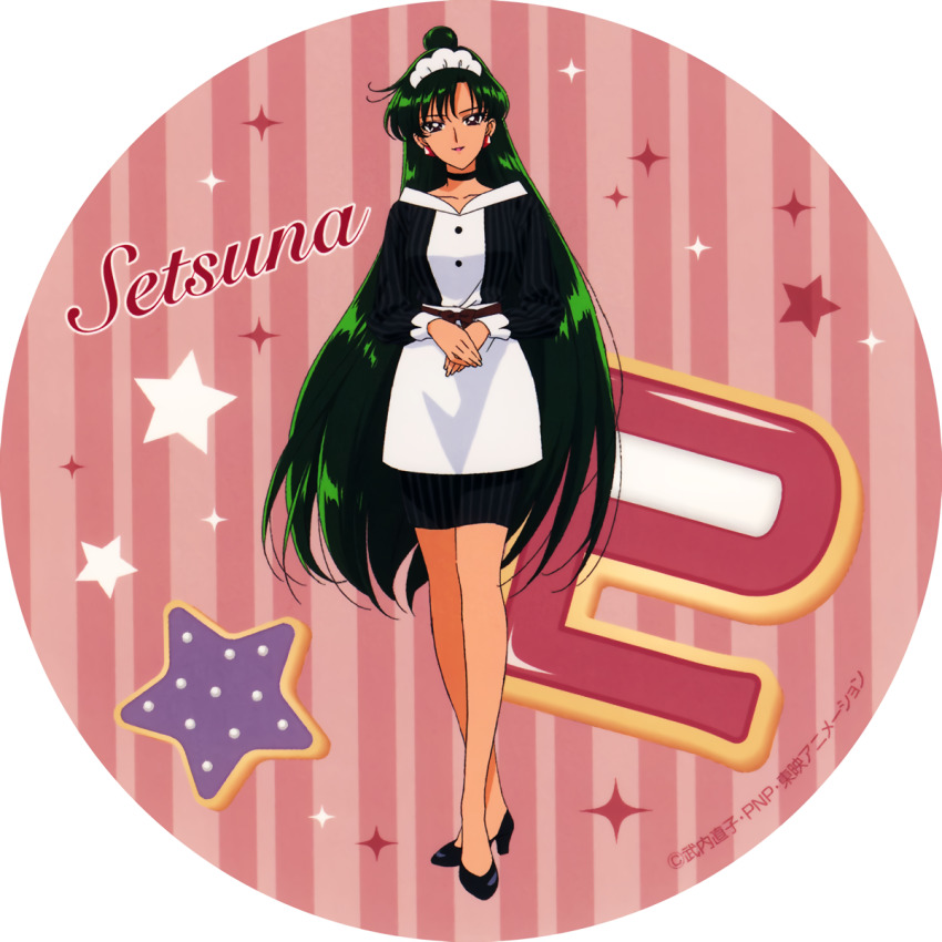 1990s_(style) 1girl alternate_costume bishoujo_senshi_sailor_moon black_footwear black_neckwear character_name choker dark-skinned_female dark_skin dress earrings enmaided female_focus full_body green_hair hair_bun headdress high_heels highres jewelry long_hair long_sleeves looking_at_viewer maid maid_headdress meiou_setsuna official_art own_hands_together pencil_skirt pluto_symbol retro_artstyle sailor_pluto short_dress single_hair_bun skirt smile solo standing star_(symbol) very_long_hair