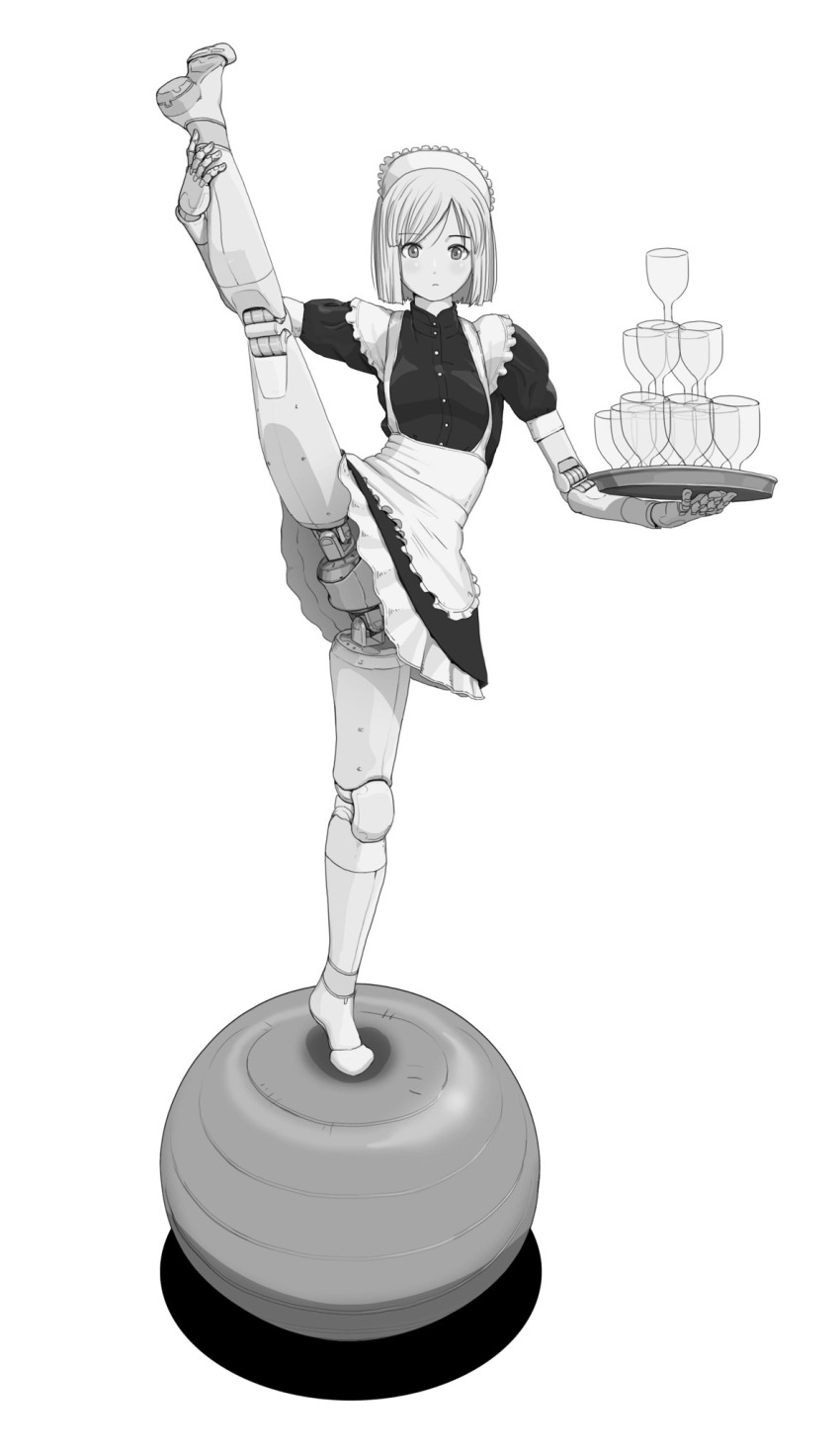 1girl android apron balancing ball colored_skin cup drinking_glass exercise_ball expressionless grey_skin greyscale highres humanoid_robot joints leg_up looking_at_viewer maid maid_apron maid_headdress monochrome original robot robot_joints split standing standing_on_one_leg standing_split sukabu upskirt wine_glass