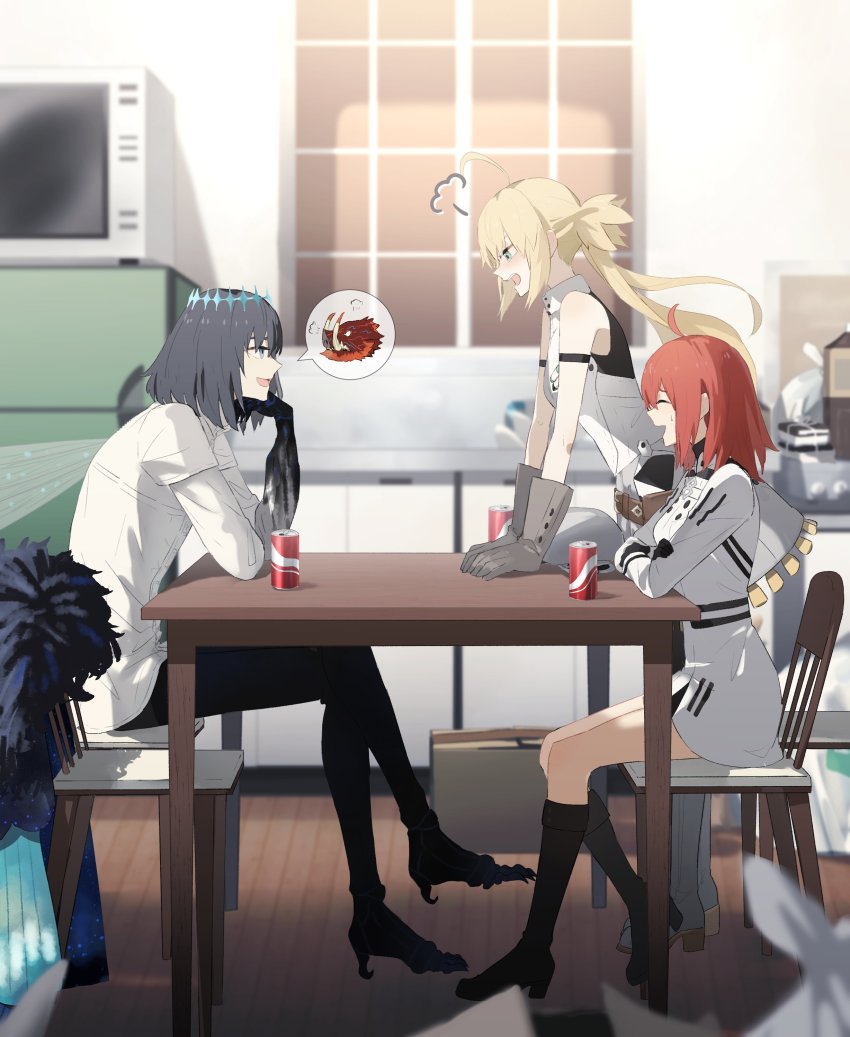 1boy 2girls absurdres ahoge artoria_caster_(fate) artoria_caster_(second_ascension)_(fate) artoria_pendragon_(fate) bare_shoulders black_footwear black_fur blonde_hair blue_eyes boots box chaldea_uniform closed_eyes coca-cola crown dress fate/grand_order fate_(series) fujimaru_ritsuka_(female) fujimaru_ritsuka_(female)_(polar_chaldea_uniform) fur fur_trim green_eyes grey_footwear grey_hair highres kitchen long_fall_boots long_hair multiple_girls ninjin_(ne_f_g_o) oberon_(fate) oberon_(third_ascension)_(fate) open_mouth orange_hair shirt short_hair sitting skirt smile table twintails vest white_dress white_shirt white_skirt white_vest window