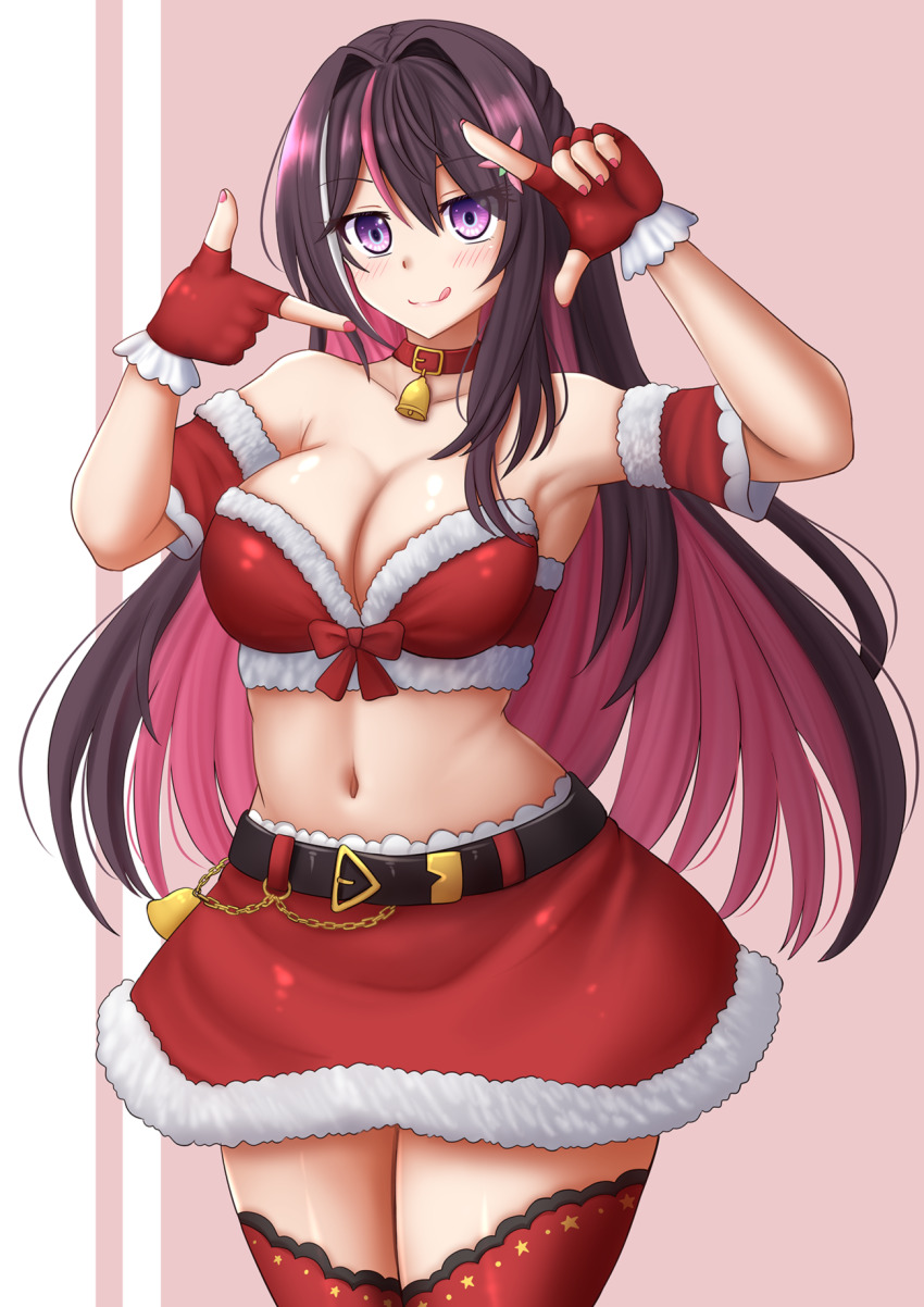 1girl arm_up armpits azki_(hololive) bandeau bare_shoulders bell belt black_hair breasts choker cleavage closed_mouth collarbone colored_inner_hair cowboy_shot crop_top detached_sleeves finger_frame fingerless_gloves fur_trim gloves hand_up highres hololive kazenokaze large_breasts long_hair looking_at_viewer midriff miniskirt multicolored_hair navel pink_hair purple_eyes red_bandeau red_choker red_gloves red_skirt red_thighhighs santa_costume short_sleeves skirt smile solo standing stomach strapless streaked_hair thighhighs tube_top two-tone_hair very_long_hair virtual_youtuber zettai_ryouiki