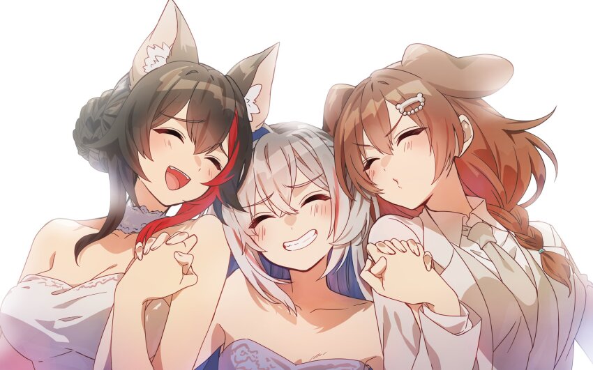 3girls alternate_costume alternate_hairstyle amane_kanata animal_ear_fluff animal_ears bloom blue_hair blush bone_hair_ornament braid braided_bun breasts brown_hair choker cleavage closed_eyes collared_shirt colored_inner_hair commentary_request crossed_bangs dog_ears dog_girl double-parted_bangs dress dress_shirt facing_to_the_side facing_viewer fangs fingernails grey_hair grey_necktie grey_vest grin hair_between_eyes hair_bun hair_ornament happy head_tilt highres holding_hands hololive hololive_grand_theft_auto interlocked_fingers inugami_korone jacket lapels long_bangs long_hair long_sleeves low-braided_long_hair low-tied_long_hair medium_breasts multicolored_hair multiple_girls necktie notched_lapels ookami_mio open_mouth puckered_lips purple_dress red_hair shirt side_braid single_hair_intake smile strapless strapless_dress streaked_hair suit_jacket sushida_hayari teeth turning_head two-tone_hair upper_body upper_teeth_only vest virtual_youtuber waistcoat wedding_dress wedding_suit white_background white_choker white_dress white_jacket white_shirt wolf_ears wolf_girl