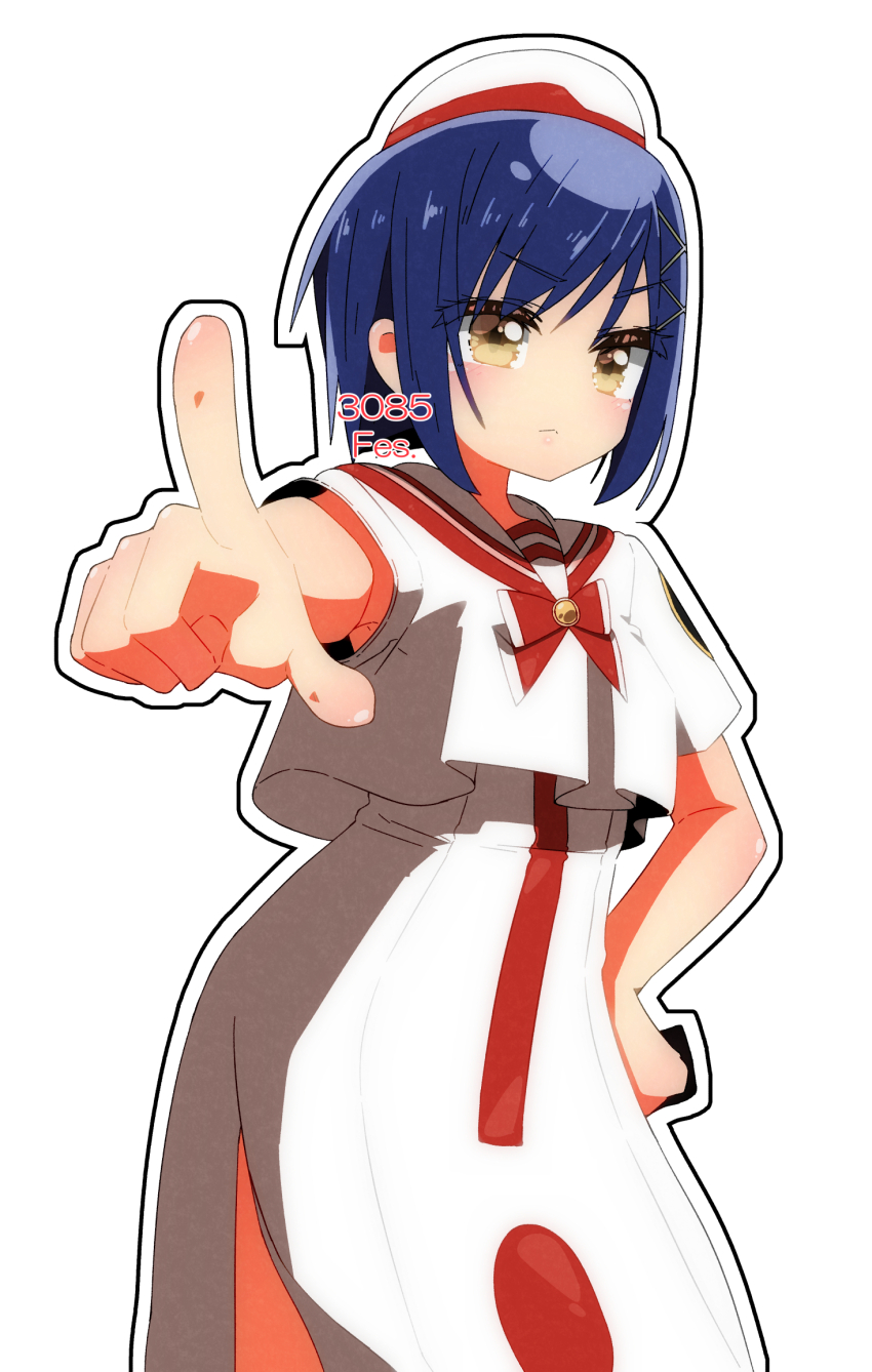 1girl 3085fes aika_granzchesta aria_(manga) armpit_peek blue_hair blush bow bowtie brown_eyes closed_mouth cowboy_shot dress eyelashes hand_on_own_hip hat highres himeya_company_uniform outline pointing red_bow red_bowtie red_hat sailor_collar short_hair short_sleeves side_slit simple_background solo two-tone_hat white_background white_dress white_hat white_outline