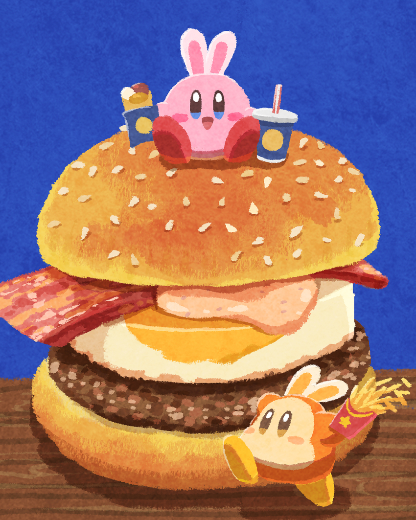 :d animal_ears bacon beef blue_background blush_stickers burger colored_skin fast_food food french_fries highres kirby kirby_(series) meat miclot nintendo no_humans open_mouth pink_skin rabbit_ears running sitting smile soda straight-on table tsukimi_burger waddle_dee