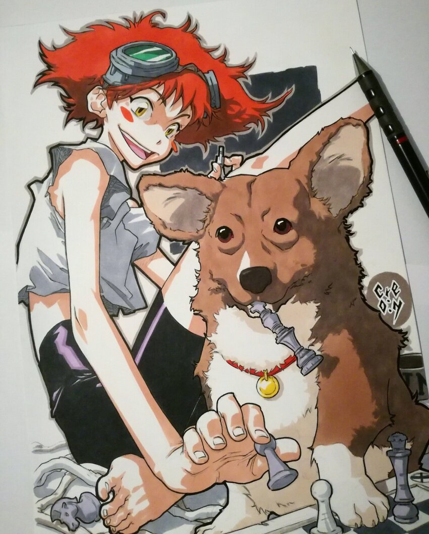 1girl androgynous barefoot bike_shorts blush_stickers board_game chess chess_piece child collar cowboy_bebop cre.o.n dog edward_wong_hau_pepelu_tivrusky_iv ein_(cowboy_bebop) happy highres messy_hair open_mouth orange_hair photo_(medium) red_collar teeth traditional_media upper_teeth_only welsh_corgi