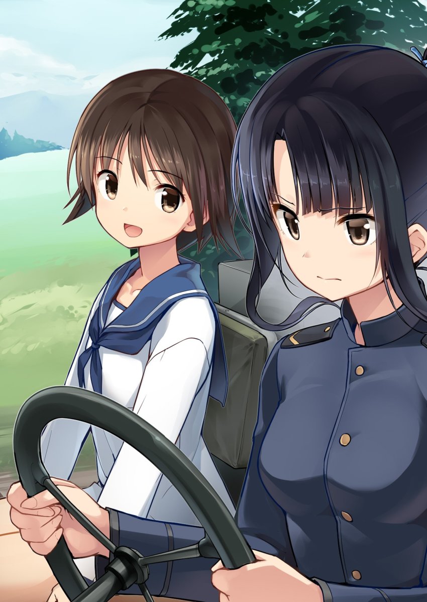 2girls :d black_hair brown_eyes brown_hair day driving floating_hair hattori_shizuka highres holding military military_uniform miyafuji_yoshika multiple_girls open_mouth outdoors school_uniform serafuku shirt short_hair short_hair_with_long_locks sidelocks sitting sky smile strike_witches white_shirt world_witches_series