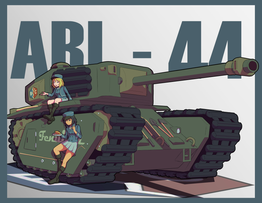 absurdres andou_(girls_und_panzer) arl-44 bc_freedom_(emblem) bc_freedom_military_uniform black_boots black_eyes black_hair blonde_hair blue_eyes blue_hat blue_jacket blue_vest boots closed_mouth commentary dark-skinned_female dark_skin dress_shirt emblem english_commentary fenuier food foot_up frown girls_und_panzer hat high_collar highres holding holding_plate jacket kepi knee_boots leaning_against_vehicle long_sleeves looking_at_viewer medium_hair messy_hair military_hat military_uniform military_vehicle miniskirt motor_vehicle open_mouth oshida_(girls_und_panzer) pie pie_slice plate pleated_skirt shirt sitting skirt smile standing tank vehicle_focus vest white_shirt white_skirt