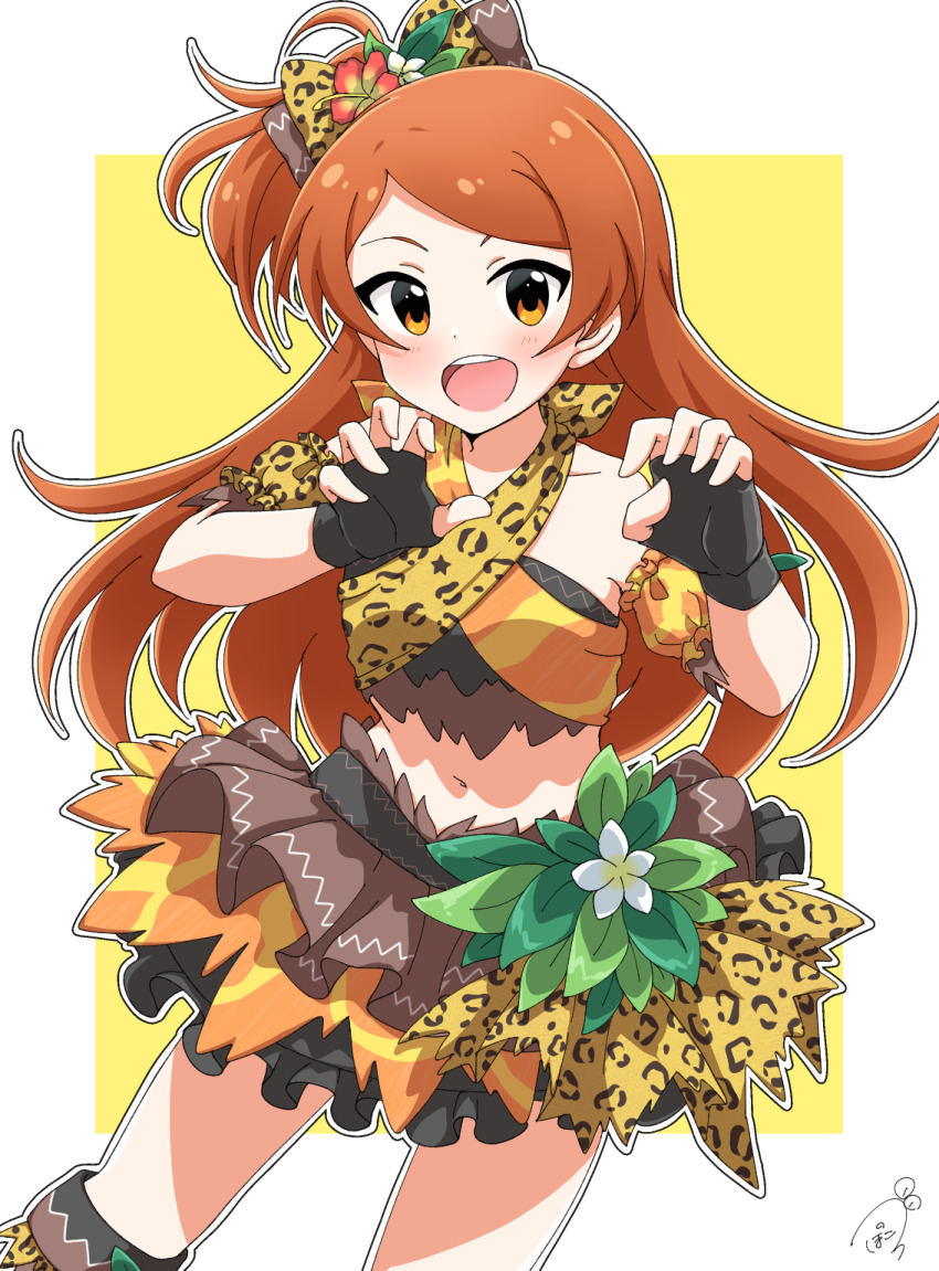 1girl ahoge animal_print arm_garter bare_shoulders black_gloves blush border breasts brown_eyes brown_hair claw_pose cowboy_shot dot_nose fingerless_gloves flower funxy_k gloves hair_flower hair_ornament hibiscus highres idolmaster idolmaster_million_live! idolmaster_million_live!_theater_days layered_skirt leaf leopard_print long_hair looking_at_viewer midriff miniskirt multicolored_bandeau multicolored_clothes multicolored_skirt navel ogami_tamaki one_side_up open_mouth outside_border print_ribbon red_flower ribbon signature simple_background skirt small_breasts smile solo standing teeth upper_teeth_only white_border white_flower yellow_background