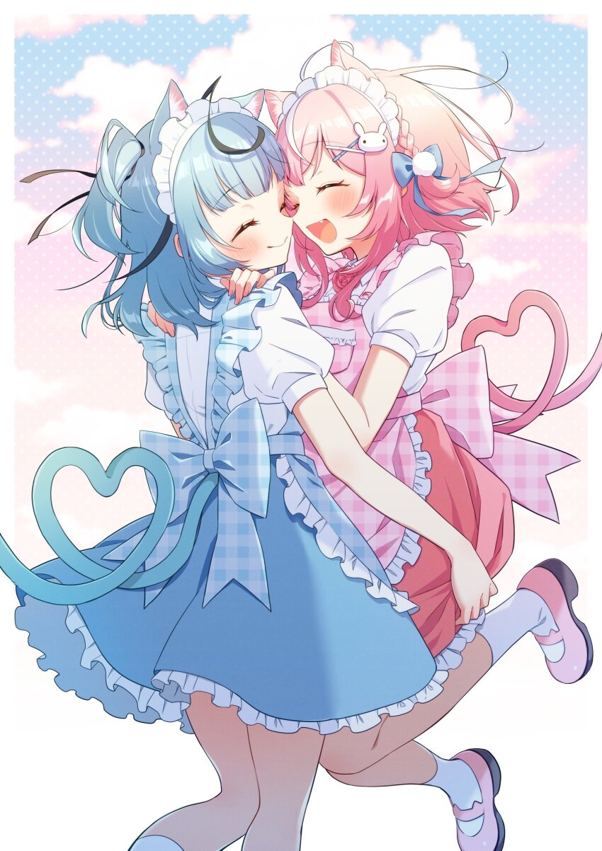 2girls animal_ears apron black_hair blue_apron blue_hair blue_skirt blush cat_ears cat_girl cat_tail closed_eyes closed_mouth commentary_request full_body heart heart_tail highres jumping multicolored_hair multiple_girls nijisanji nijisanji_kr open_mouth pink_apron pink_footwear pink_hair pink_skirt plaid_apron plaid_clothes pocket puffy_short_sleeves puffy_sleeves ryu_hari shirt short_hair short_sleeves skirt smile socks streaked_hair tail tomohishi_(22) virtual_youtuber white_shirt white_socks yang_nari