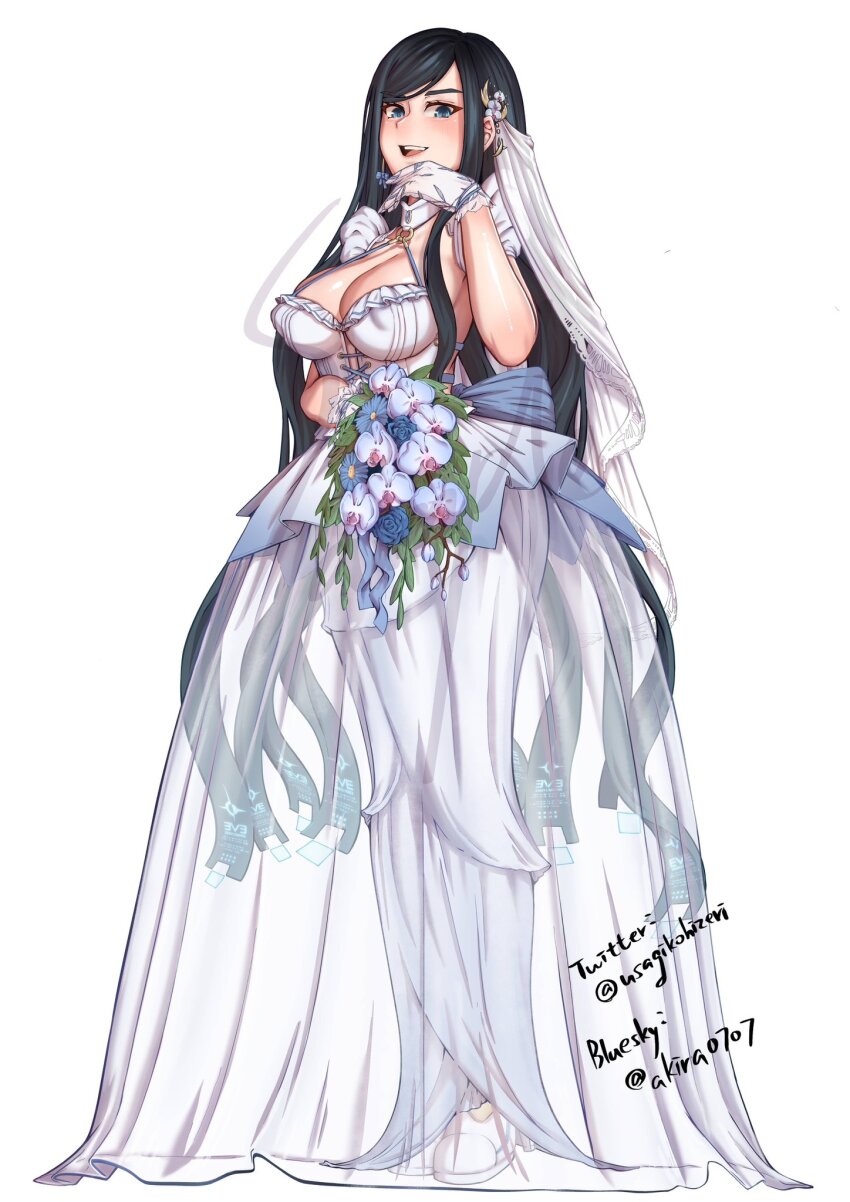 1girl akira_(live2bakira) android artist_name black_hair blue_eyes bridal_veil dress female_focus flower gloves high_heels highres holding holding_flower legwear_garter long_hair looking_at_viewer open_mouth raven_(stellar_blade) simple_background stellar_blade thighs twitter_username veil wedding_dress white_background white_gloves