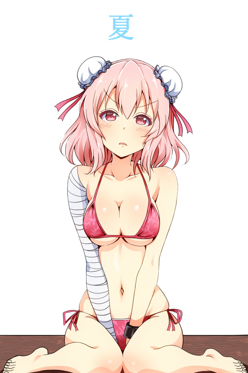 1girl alternate_costume bandaged_arm bandages bikini blush breasts bun_cover cleavage collarbone commentary_request cuffs double_bun hair_bun highres ibaraki_kasen kyanta5354 looking_at_viewer midriff navel open_mouth pink_bikini pink_eyes pink_hair shackles sitting solo swimsuit touhou translation_request