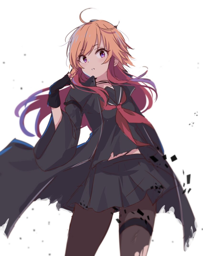 1girl 2_nostg arm_strap black_coat black_gloves black_pantyhose black_serafuku black_shirt black_skirt coat fingerless_gloves gloves hand_up highres idolmaster idolmaster_cinderella_girls light_brown_hair long_hair long_sleeves looking_at_viewer multicolored_hair neckerchief ninomiya_asuka open_clothes open_coat pantyhose parted_lips purple_eyes red_hair red_neckerchief school_uniform serafuku shirt sidelocks skirt solo thighs torn_clothes torn_coat torn_pantyhose two-tone_hair white_background wind