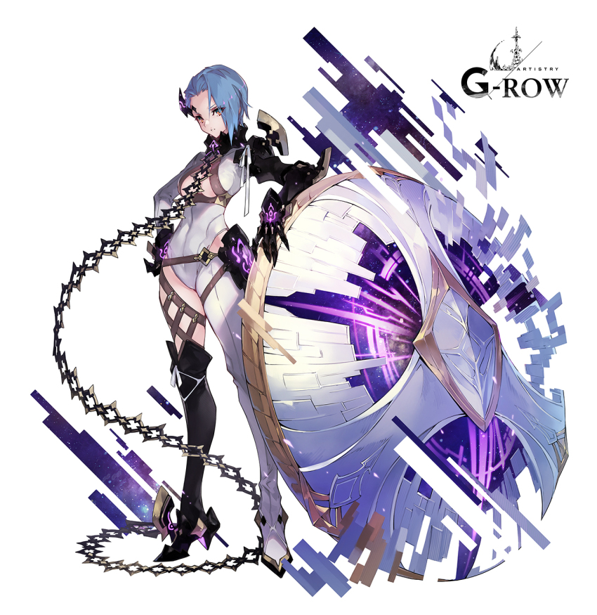 1girl aqua_eyes aqua_hair black_footwear black_gloves boots breasts chain cleavage_cutout closed_mouth clothing_cutout commentary_request covered_navel da-kuro full_body gloves hair_ornament hand_on_own_hip hand_on_shield highleg highres looking_at_viewer medium_breasts mesarthim_(ta_ga_tame_no_alchemist) official_art orange_eyes second-party_source simple_background single_thigh_boot skin_tight solo standing ta_ga_tame_no_alchemist thigh_boots two-tone_eyes white_background white_footwear