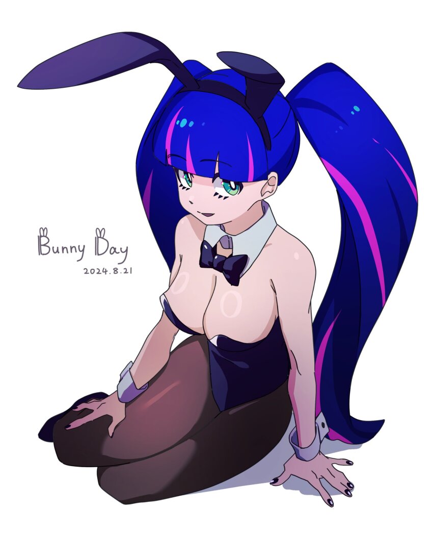 1girl alternate_hairstyle animal_ear_hairband animal_ears aqua_eyes black_bow black_bowtie black_footwear black_leotard black_nails black_pantyhose blue_hair bow bowtie breasts bunny_day dated detached_collar fake_animal_ears full_body hairband highres leotard long_hair looking_at_viewer lowlay60 multicolored_hair nail_polish panty_&amp;_stocking_with_garterbelt pantyhose playboy_bunny purple_hair rabbit_ear_hairband rabbit_ears simple_background sitting solo stocking_(psg) streaked_hair twintails two-tone_hair white_background wrist_cuffs yokozuwari