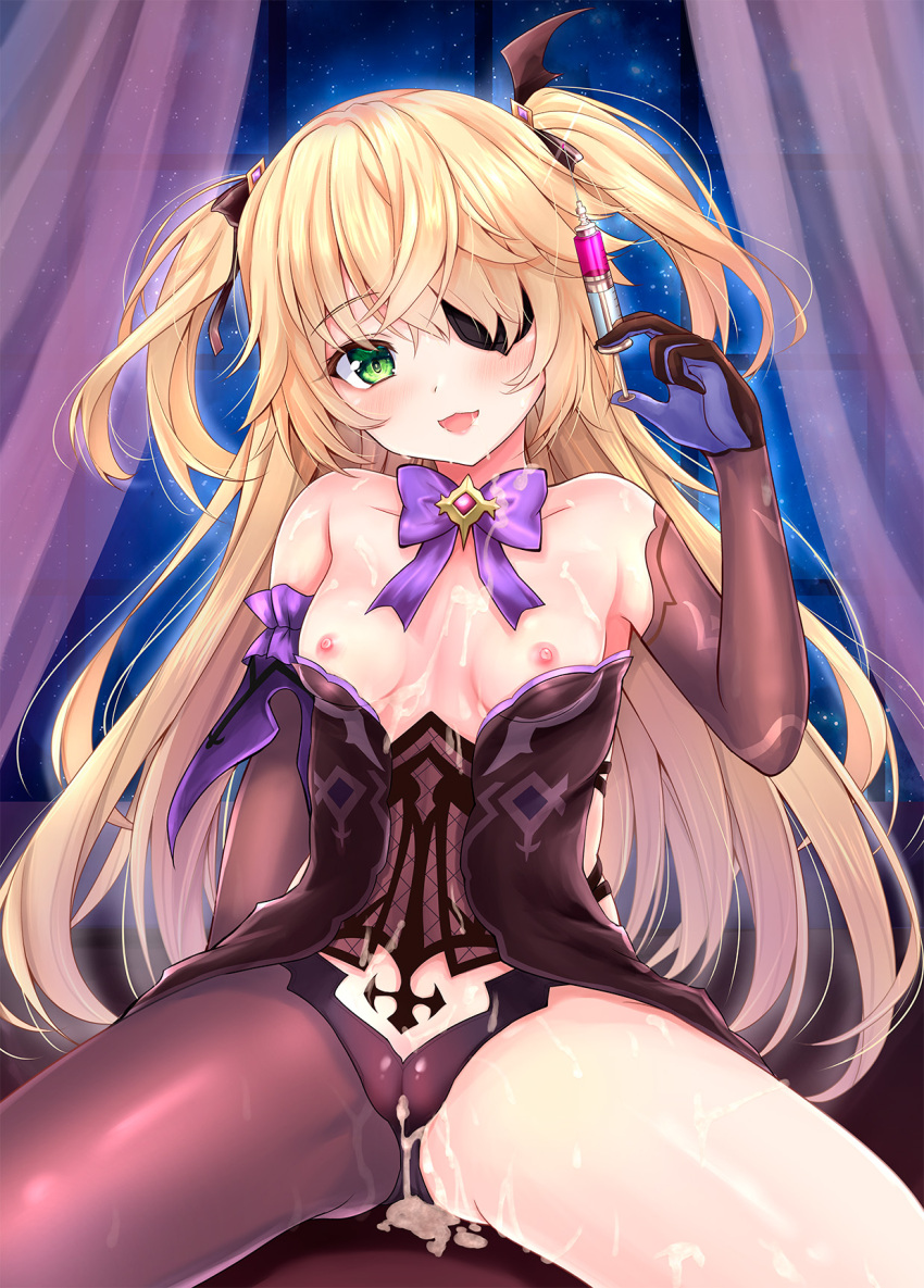 1girl bare_shoulders bat_ornament black_ribbon blonde_hair blush bodystocking bow bowtie breasts collar cum cum_in_mouth cum_in_pussy cum_on_body cum_on_breasts cum_on_upper_body eyepatch fischl_(genshin_impact) genshin_impact gloves green_eyes hair_over_one_eye hair_ribbon highres leotard long_hair looking_at_viewer medium_breasts open_mouth purple_bow purple_bowtie purple_ribbon ribbon shaian single_leg_pantyhose single_sleeve smile solo syringe tailcoat textless_version two_side_up