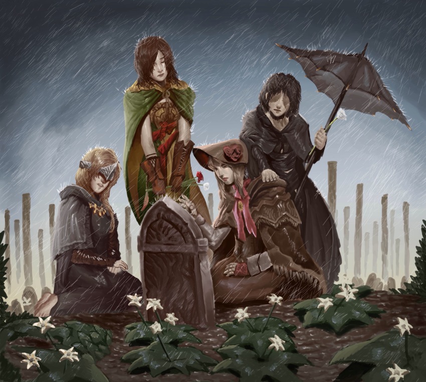 4girls absurdres black_hair blonde_hair bloodborne company_connection dark_souls_(series) dark_souls_i dark_souls_ii dark_souls_iii demon&#039;s_souls doll emerald_herald fire_keeper flower fromsoftware grave hair_over_one_eye hat highres long_hair maiden_in_black multiple_girls plain_doll rain red_hair rose spoilers umbrella white_hair