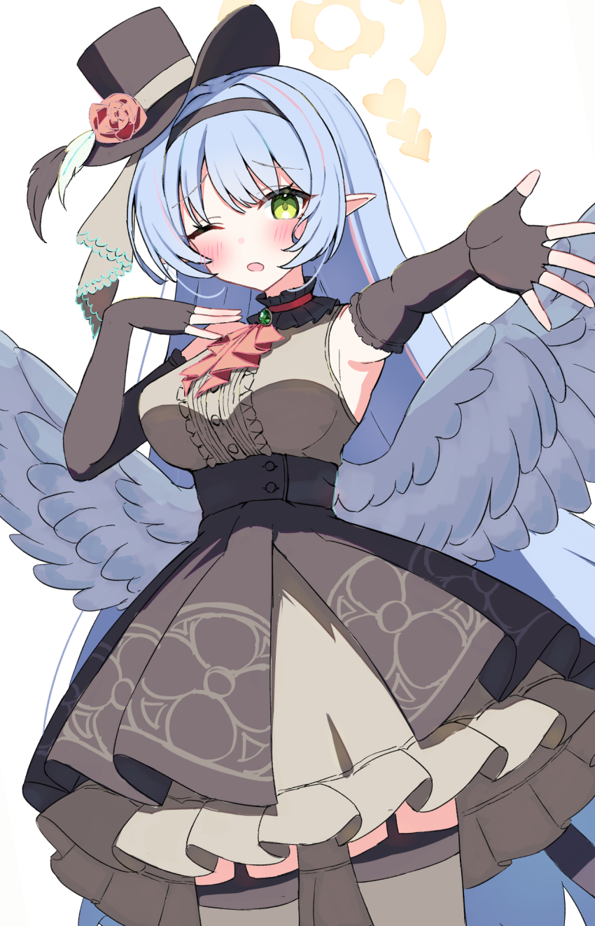 1girl angel angel_wings armpits black_dress blue_archive blue_hair blush breasts cowboy_shot dress elbow_gloves fingerless_gloves frilled_dress frills garter_straps gloves halo hat highres large_breasts looking_at_viewer mine_(blue_archive) mine_(idol)_(blue_archive) mini_hat mini_top_hat one_eye_closed pointy_ears sateto_(user_knrf2332) sleeveless sleeveless_dress solo thighhighs top_hat white_background wings zettai_ryouiki