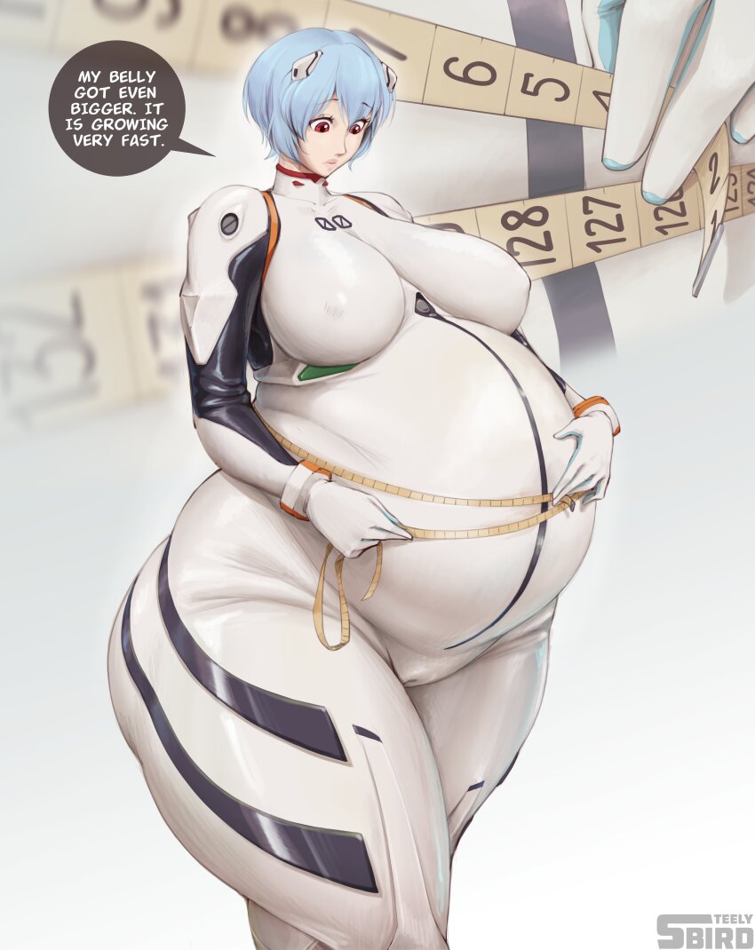 1girl absurdres ayanami_rei blue_hair bodysuit breasts cameltoe cleft_of_venus covered_erect_nipples female_focus gloves highres large_breasts looking_down measuring neon_genesis_evangelion plugsuit pregnant red_eyes short_hair solo speech_bubble steelybird tape_measure thick_thighs thighs wide_hips