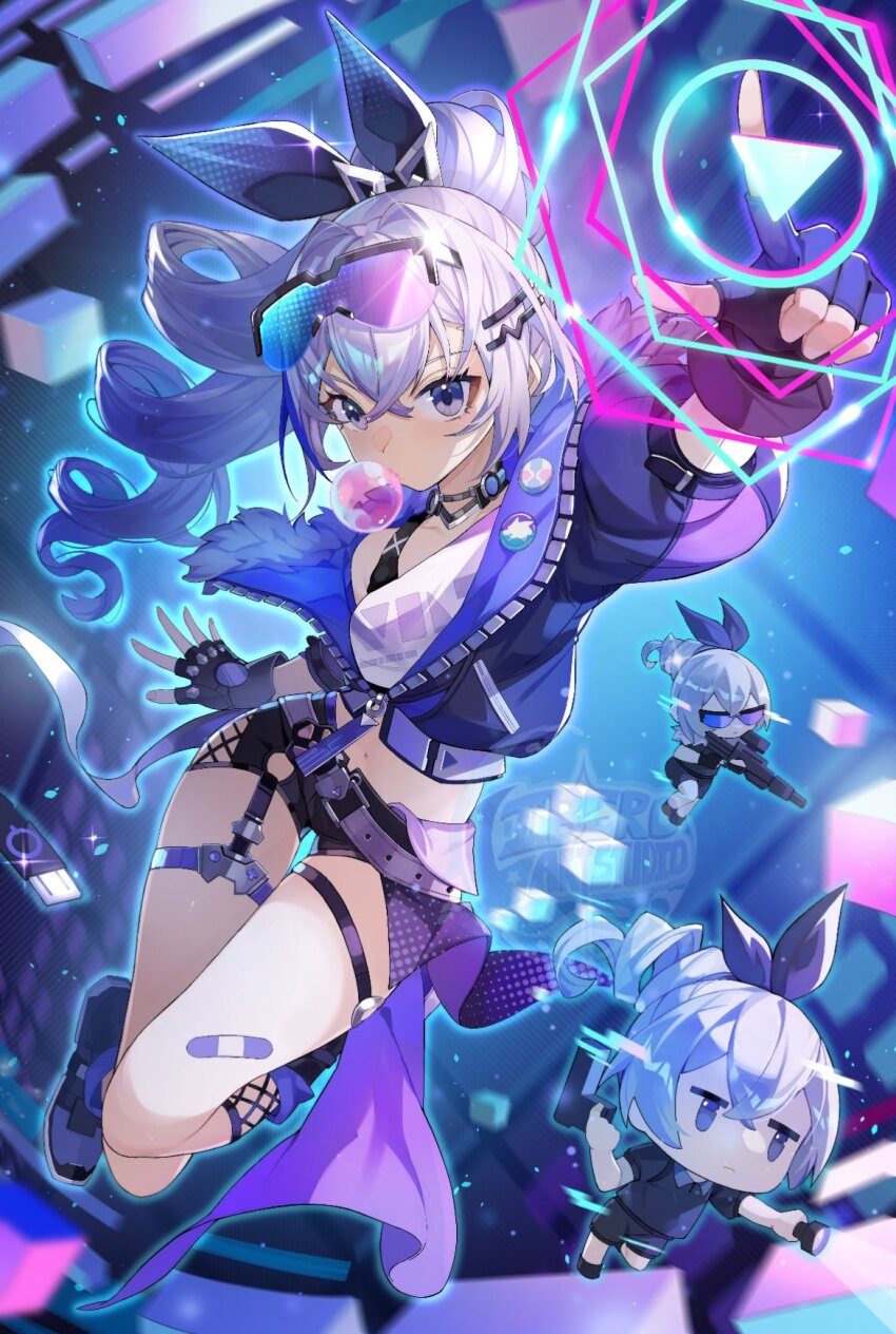 3girls bandaid bandaid_on_leg black_footwear black_jacket black_shorts blowing_bubbles boots crop_top drill_hair grey_eyes grey_hair hair_ornament hair_ribbon hairclip highres honkai:_star_rail honkai_(series) jacket libero_art long_hair looking_at_viewer midriff mini_person minigirl multiple_girls multiple_persona navel ponytail ribbon shirt short_shorts shorts silver_wolf_(honkai:_star_rail) stomach thigh_strap thighs white_shirt