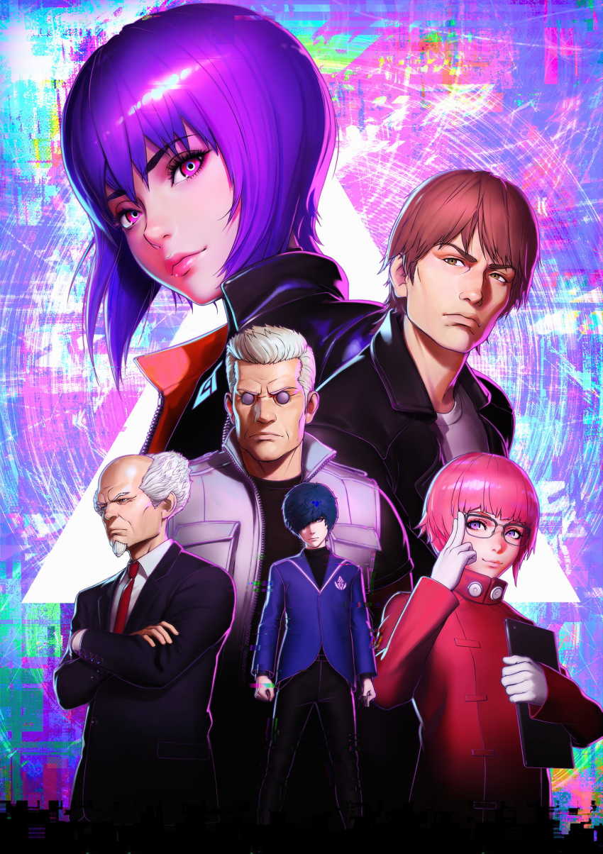 2girls 4boys aramaki_daisuke batou_(gits) black_bodysuit black_jacket blue_hair blue_shirt bodysuit brown_hair clipboard ezaki_purin ghost_in_the_shell ghost_in_the_shell:_sac_2045 glasses grey_hair grey_vest hair_over_one_eye head_tilt highres holding holding_clipboard jacket key_visual kusanagi_motoko looking_at_viewer multiple_boys multiple_girls necktie official_art one_eye_covered pink_eyes pink_hair promotional_art purple_hair red_jacket red_neckwear shimamura_takashi shirt short_hair suit_jacket togusa_(gits) v-shaped_eyebrows vest white_shirt