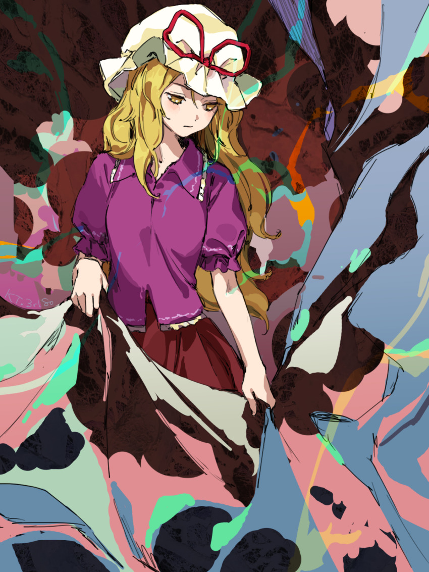 1girl abstract_background blonde_hair collared_shirt commentary_request expressionless frilled_shirt frilled_shirt_collar frilled_sleeves frills hat hat_ribbon highres kaigen_1025 light_blush long_hair looking_down maribel_hearn mob_cap partial_commentary puffy_short_sleeves puffy_sleeves purple_shirt red_ribbon red_skirt ribbon shirt short_sleeves skirt solo taboo_japan_disentanglement touhou very_long_hair wavy_hair white_hat yellow_eyes