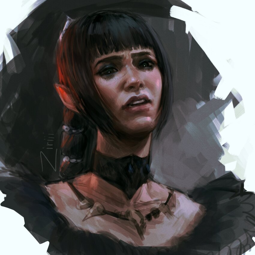 1girl absurdres alternate_costume baldur&#039;s_gate baldur&#039;s_gate_3 black_background black_collar black_eyes black_eyeshadow blunt_bangs collar cropped_torso dungeons_&amp;_dragons dungeons_&amp;_dragons elf eyeshadow grimace hair_ornament high_ponytail highres jewelry katlovesstar long_hair makeup necklace open_mouth painterly pink_lips pointy_ears scar scar_on_face shadowheart_(baldur&#039;s_gate) sidelocks simple_background skull_necklace solo straight_hair teeth upper_body white_background