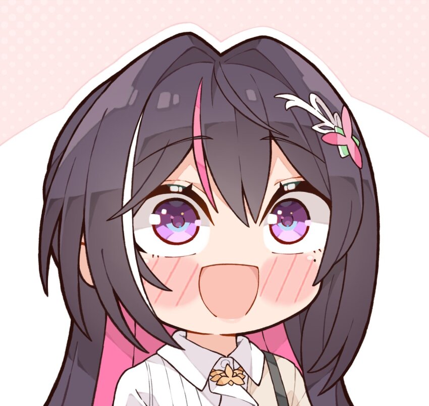 1girl :d azki_(4th_costume)_(hololive) azki_(hololive) black_hair blush chibi collared_shirt colored_inner_hair hair_ornament highres hololive kukie-nyan long_hair mole mole_under_eye multicolored_hair official_alternate_costume open_mouth pink_background pink_hair purple_eyes shirt smile streaked_hair upper_body virtual_youtuber white_background white_hair white_shirt