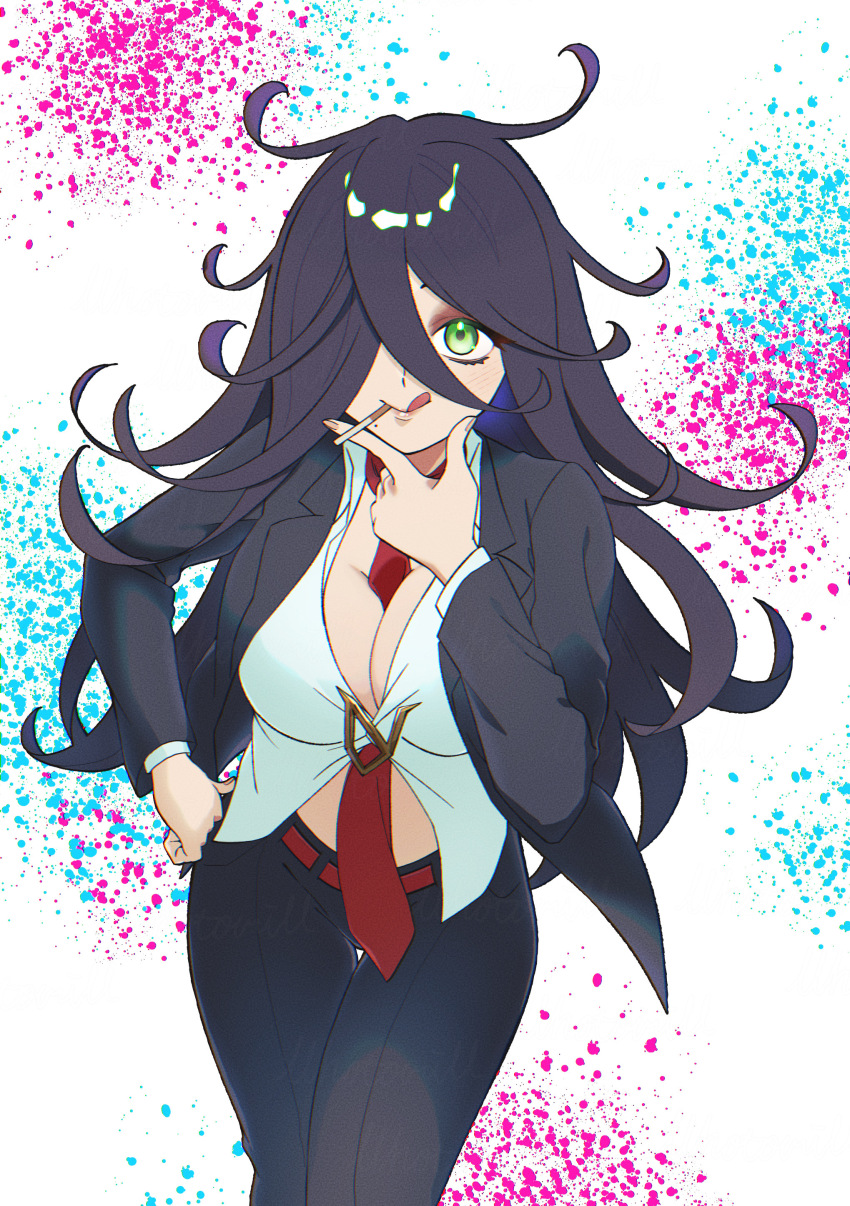 1girl absurdres black_hair breasts cigarette cleavage curly_hair green_eyes hair_over_one_eye hand_on_own_face highres ichiko_nemuri large_breasts llhotorill long_hair mole mole_under_mouth necktie pants red_necktie shirt smile solo tongue tongue_out undead_unluck