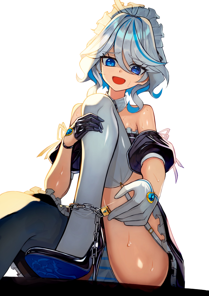 1girl :d absurdres alternate_costume bare_shoulders black_shoes blue_eyes blue_hair blue_soles chain crying crying_with_eyes_open detached_sleeves enmaided furina_(genshin_impact) garter_straps genshin_impact grey_hair high_heels highres knee_up lock maid maid_headdress multicolored_hair open_mouth patent_heels puffy_short_sleeves puffy_sleeves pumps shoes short_hair short_sleeves smile solo stiletto_heels streaked_hair taekmackker tears thighhighs white_thighhighs