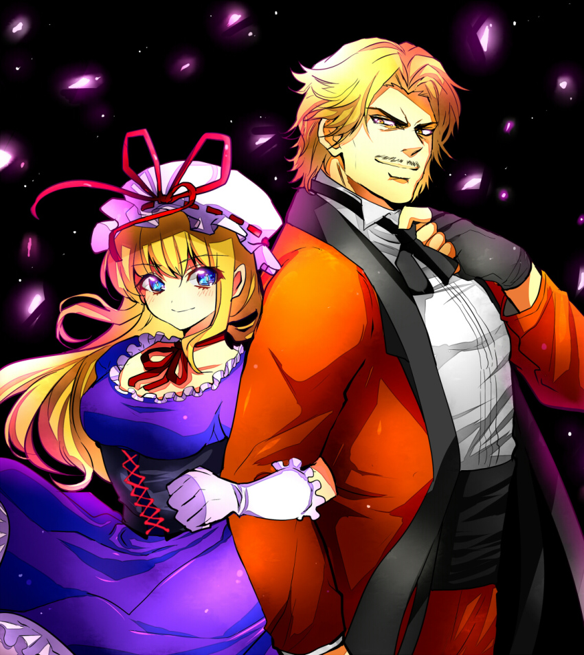 1boy 1girl black_gloves blonde_hair blue_eyes bow breasts crossover dress fingerless_gloves formal_clothes gap_(touhou) gloves hair_bow hat hat_ribbon hetero highres honchu long_hair m.u.g.e.n mob_cap necktie purple_eyes red_eyes red_suit ribbon rugal_bernstein suit the_king_of_fighters touhou white_gloves yakumo_yukari