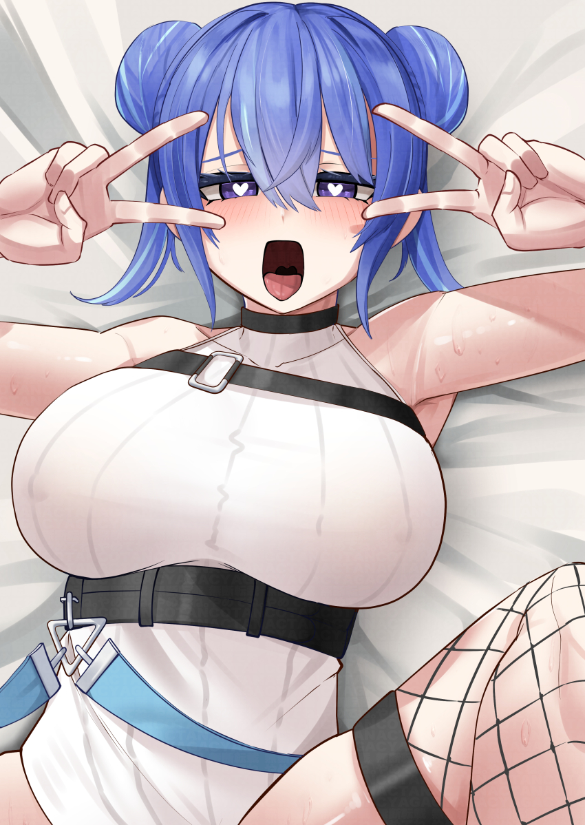 1girl absurdres bare_shoulders blue_hair cotan_(actancyaga) double_bun double_v duel_monster evil_twin_lil-la hair_bun highres leotard lil-la_(yu-gi-oh!) lying official_alternate_costume on_back on_bed purple_hair solo spread_legs v white_leotard yu-gi-oh!