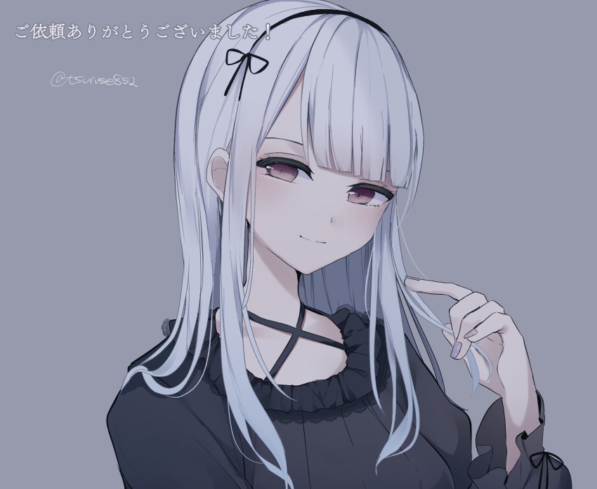 1girl bad_id bad_pixiv_id black_dress breasts brown_eyes closed_mouth criss-cross_halter dress grey_background grey_hair halterneck hand_up highres long_hair long_sleeves looking_at_viewer medium_breasts original puffy_long_sleeves puffy_sleeves simple_background smile solo translated tsuruse twitter_username upper_body