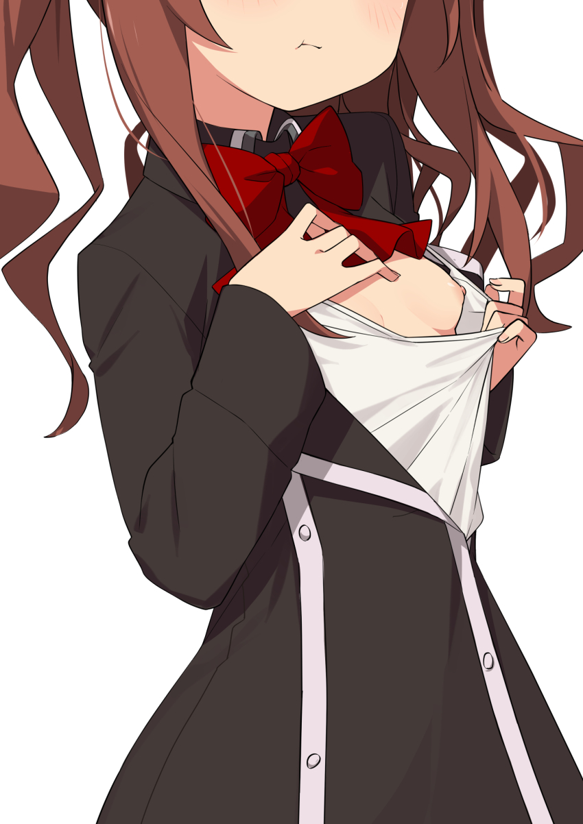 1girl :t aloe_(quiz_magic_academy) black_dress blush bow bowtie breasts brown_hair buttons close-up clothes_pull collared_dress dress flashing head_out_of_frame highres long_sleeves morisobo nipples no_bra one_breast_out pout pulling_own_clothes quiz_magic_academy red_bow red_bowtie shirt_pull simple_background small_breasts solo twintails white_background wing_collar