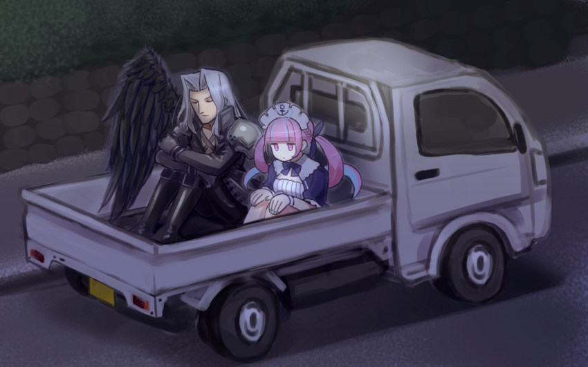 1boy 1girl closed_eyes final_fantasy final_fantasy_vii highres hololive hugging_own_legs kei_truck landolt_tamaki maid_headdress minato_aqua minato_aqua_(1st_costume) motor_vehicle pickup_truck purple_hair road sephiroth silver_hair single_wing sitting truck twintails virtual_youtuber wings