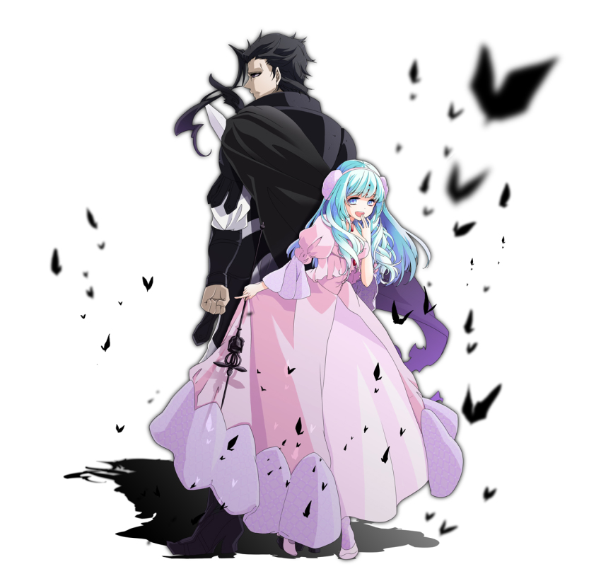 1boy 1girl aqua_hair bad_id bad_pixiv_id black_hair blue_eyes bug butterfly cape dress dunya_mustashim hair_ornament highres bug isaac_(magi) long_hair magi_the_labyrinth_of_magic sasaki_yuki short_hair sword weapon