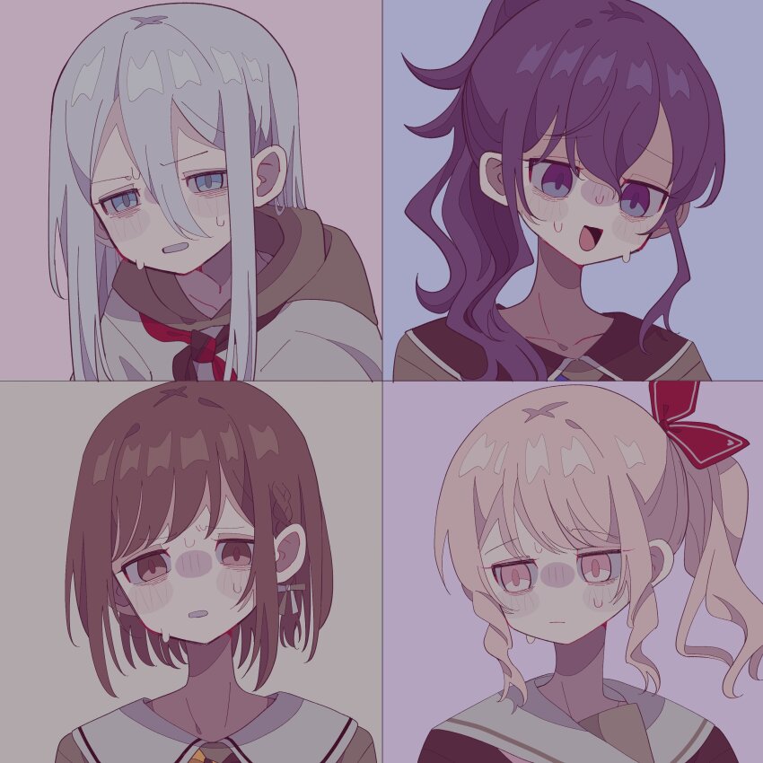 1other 25-ji_nightcord_de._(project_sekai) 3girls absurdres akiyama_mizuki asahina_mafuyu black_serafuku blue_background blue_eyes blue_hair bow brown_eyes brown_hair closed_mouth collarbone grey_hair hair_between_eyes hair_ornament hair_ribbon highres light_blue_hair long_hair long_sleeves multiple_girls neckerchief open_mouth parka pink_background pink_eyes pink_hair ponytail project_sekai purple_eyes purple_hair ribbon sailor_collar school_uniform serafuku shinonome_ena shirt short_hair side_ponytail simple_background sn0n0me_saku sweat two-tone_neckerchief very_long_hair yoisaki_kanade