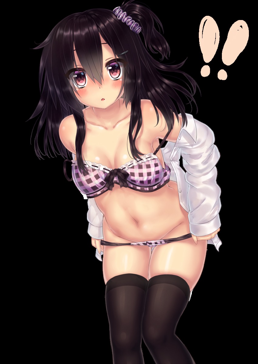 1girl :o armpits bad_id bad_nicoseiga_id bare_shoulders black_hair black_thighhighs blush bra breasts buttons checkered_bra checkered_clothes chestnut_mouth cleavage collarbone female_focus gluteal_fold groin hair_between_eyes highres long_sleeves looking_at_viewer midriff navel off_shoulder original panties parted_lips plaid_bra plaid_clothes plaid_panties scrunchie shirt short_ponytail side_ponytail skindentation solo standing stomach strap_slip thigh_gap thighhighs thighs transparent_background unbuttoned underwear undressing wataru_(zazazazazazawa) white_shirt