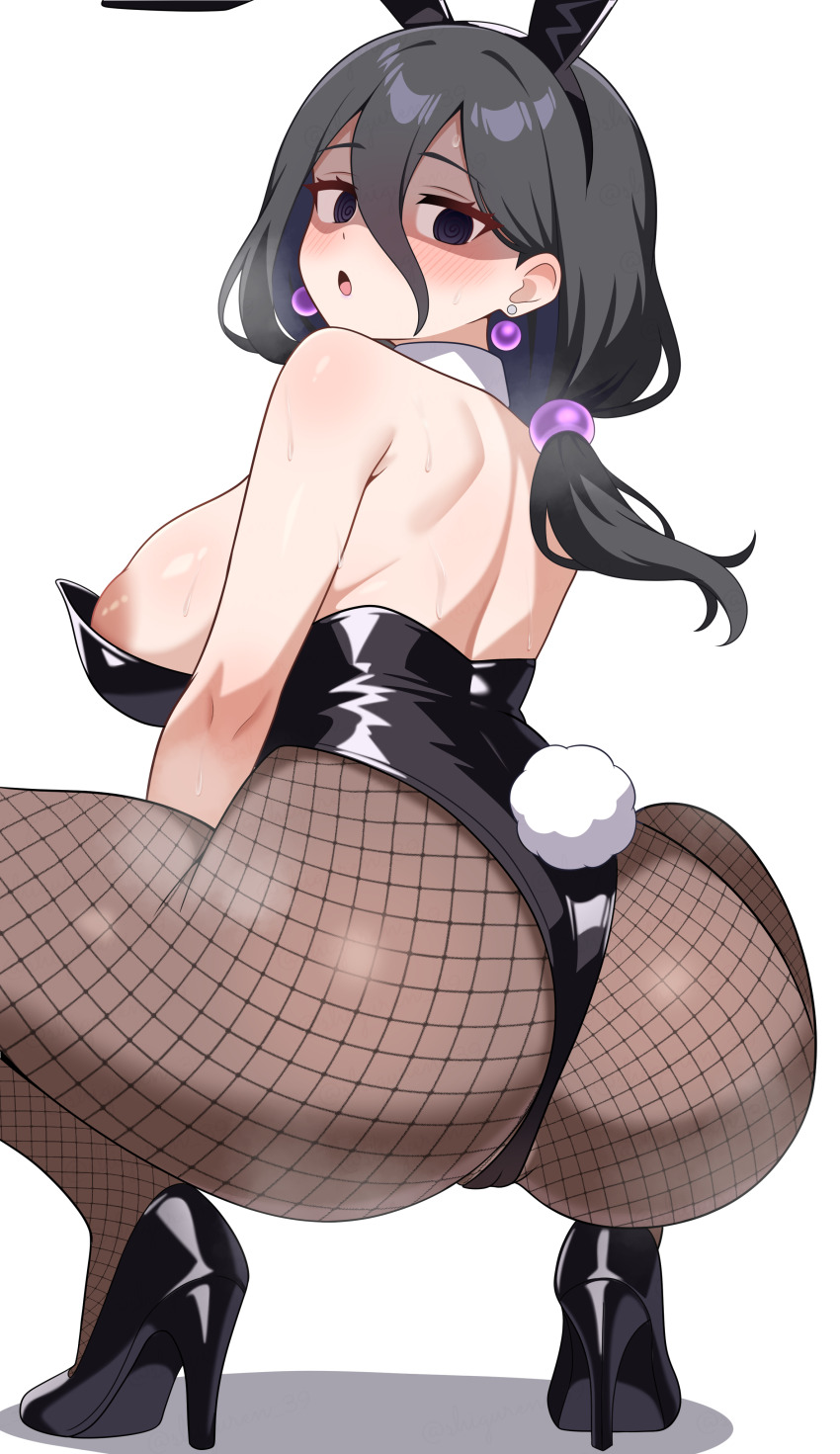 1girl @_@ absurdres alternate_breast_size animal_ear_hairband animal_ears areola_slip ass back bare_shoulders black_hair black_leotard black_shoes blush breasts brown_pantyhose commentary_request creatures_(company) earrings fake_animal_ears fake_tail fishnet_pantyhose fishnets from_behind game_freak hair_between_eyes hairband hex_maniac_(pokemon) hex_maniac_(pokemon_legends:_z-a) high_heels highleg highleg_leotard highres jewelry large_breasts leotard long_hair looking_at_viewer nintendo open_mouth pantyhose pearl_earrings playboy_bunny pokemon pokemon_legends:_z-a purple_eyes rabbit_ears rabbit_tail shiguren_39 shoes simple_background solo squatting strapless strapless_leotard sweat tail twitter_username watermark watermark_grid white_background