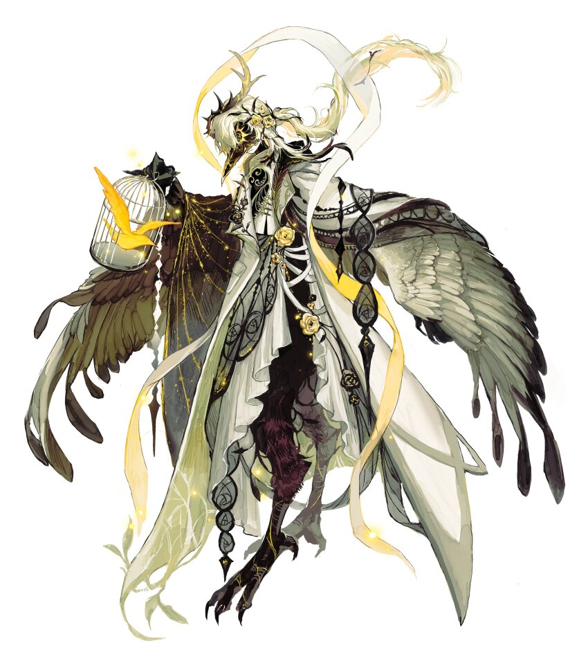 1girl absurdres animal animal_legs bird bird_legs bird_wings birdcage blonde_hair cage commentary_request floating_hair flower full_body highres holding long_hair original page_nak1 plague_doctor_mask simple_background solo white_background wings yellow_flower