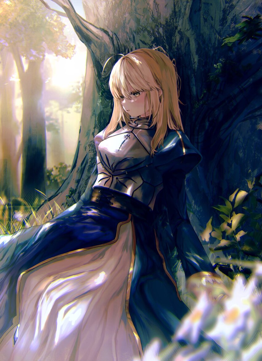 1girl ahoge armor artoria_pendragon_(fate) blonde_hair blue_dress breastplate dress fate/stay_night fate_(series) forest green_eyes hair_down highres juliet_sleeves light_rays long_hair long_sleeves lying nature nigiri outdoors puffy_sleeves saber_(fate) sleeping sleeping_with_eyes_open solo sunbeam sunlight tree