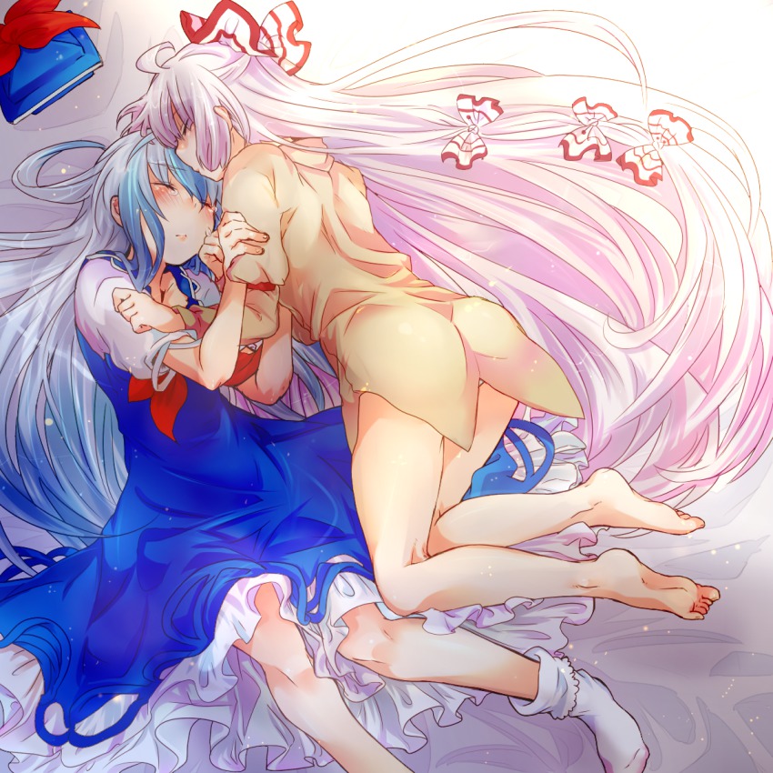 2girls bad_id bad_pixiv_id bare_legs barefoot blue_hair blush bobby_socks bottomless bow dress dress_shirt closed_eyes feet female_focus fujiwara_no_mokou hair_bow hat unworn_hat unworn_headwear highres kamishirasawa_keine long_hair multiple_girls naked_shirt no_pants shirt silver_hair sleeping socks takamura toes touhou very_long_hair white_legwear yuri