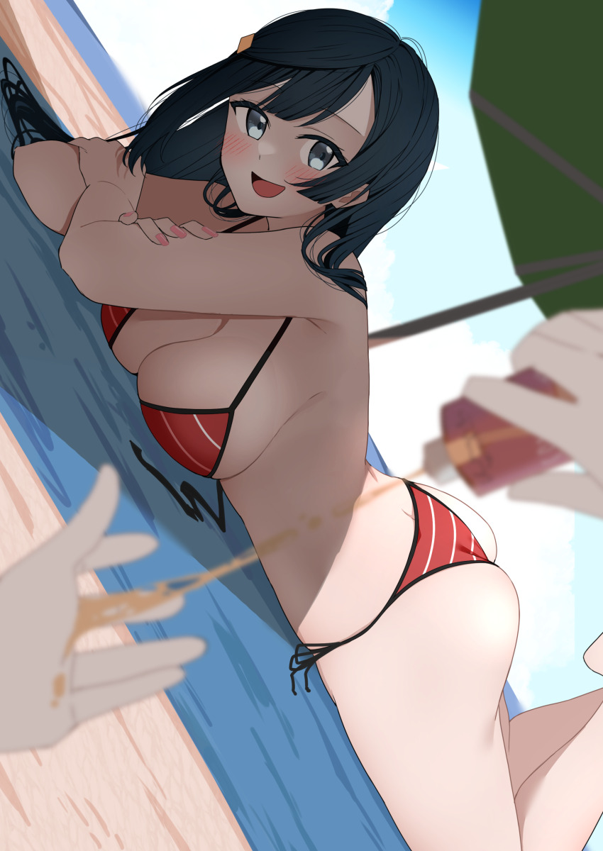 1girl 1other :d absurdres arm_rest ass barefoot beach beach_towel beach_umbrella bikini black_hair blurry blush bottle breast_press breasts cleavage commentary_request day depth_of_field grey_eyes halterneck highres holding holding_bottle large_breasts liz_(piyoko_piyop) lotion_bottle love_live! love_live!_nijigasaki_high_school_idol_club lying making-of_available on_stomach open_mouth outdoors pov red_bikini side-tie_bikini_bottom sideways smile solo_focus string_bikini striped_bikini striped_clothes swimsuit towel umbrella yuki_setsuna