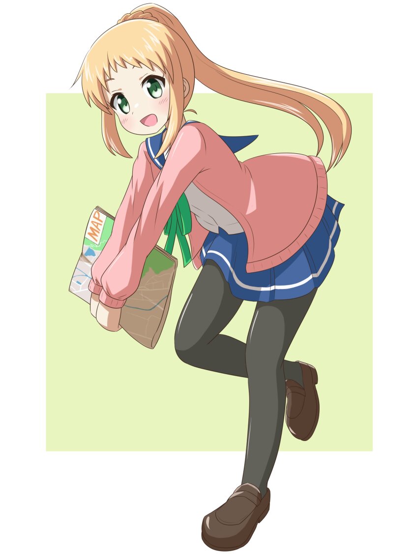 1girl absurdres blonde_hair blue_sailor_collar blush dot_nose female_focus full_body green_background green_eyes highres holding holding_map inose_mai koisuru_asteroid long_hair long_sleeves looking_at_viewer map nanog_eb1994 open_clothes open_mouth open_sweater pink_sweater ponytail sailor_collar school_uniform serafuku shoes simple_background solo standing standing_on_one_leg sweater