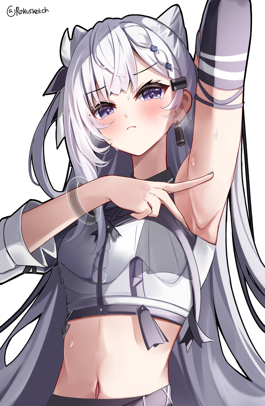 1girl absurdres arm_up armpits blush bracelet crop_top earrings grey_eyes grey_hair hair_ornament hairclip highres hololive hololive_idol_uniform_(color_rise) hololive_indonesia jewelry long_hair midriff navel presenting_armpit rokusketch simple_background single_earring solo sweat upper_body very_long_hair vestia_zeta virtual_youtuber white_background