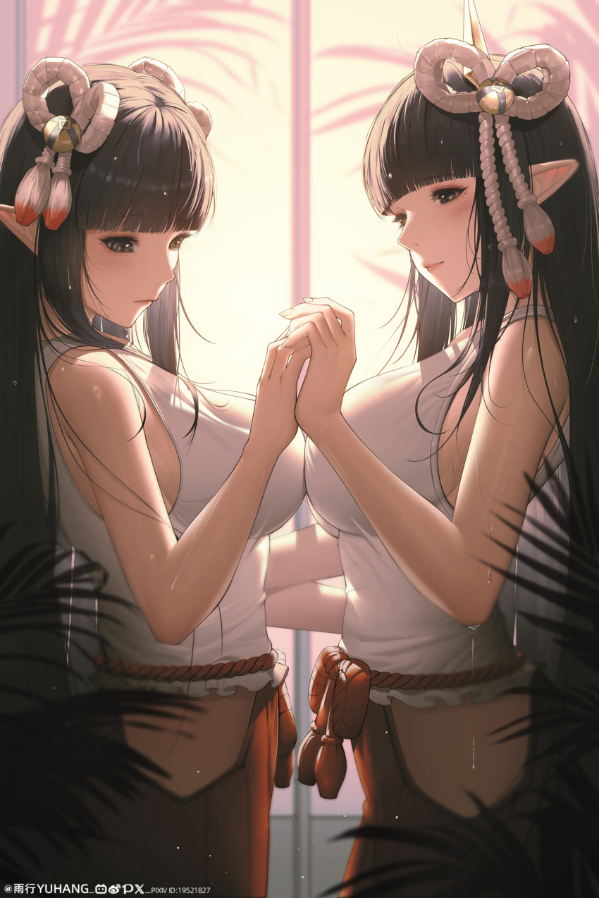 2girls absurdres artist_name bilibili_logo black_hair blunt_bangs blurry blurry_background blush breast_press breasts closed_mouth commentary cowboy_shot from_side hair_ornament hand_grab highres hinoa large_breasts long_hair looking_down minoto monster_hunter_(series) monster_hunter_rise multiple_girls pixiv_id pixiv_logo pointy_ears rope shimenawa shirt siblings sidelocks sisters sleeveless sleeveless_shirt sweat symmetrical_docking twins twitter_x_logo weibo_logo white_shirt yuxing_yuhang