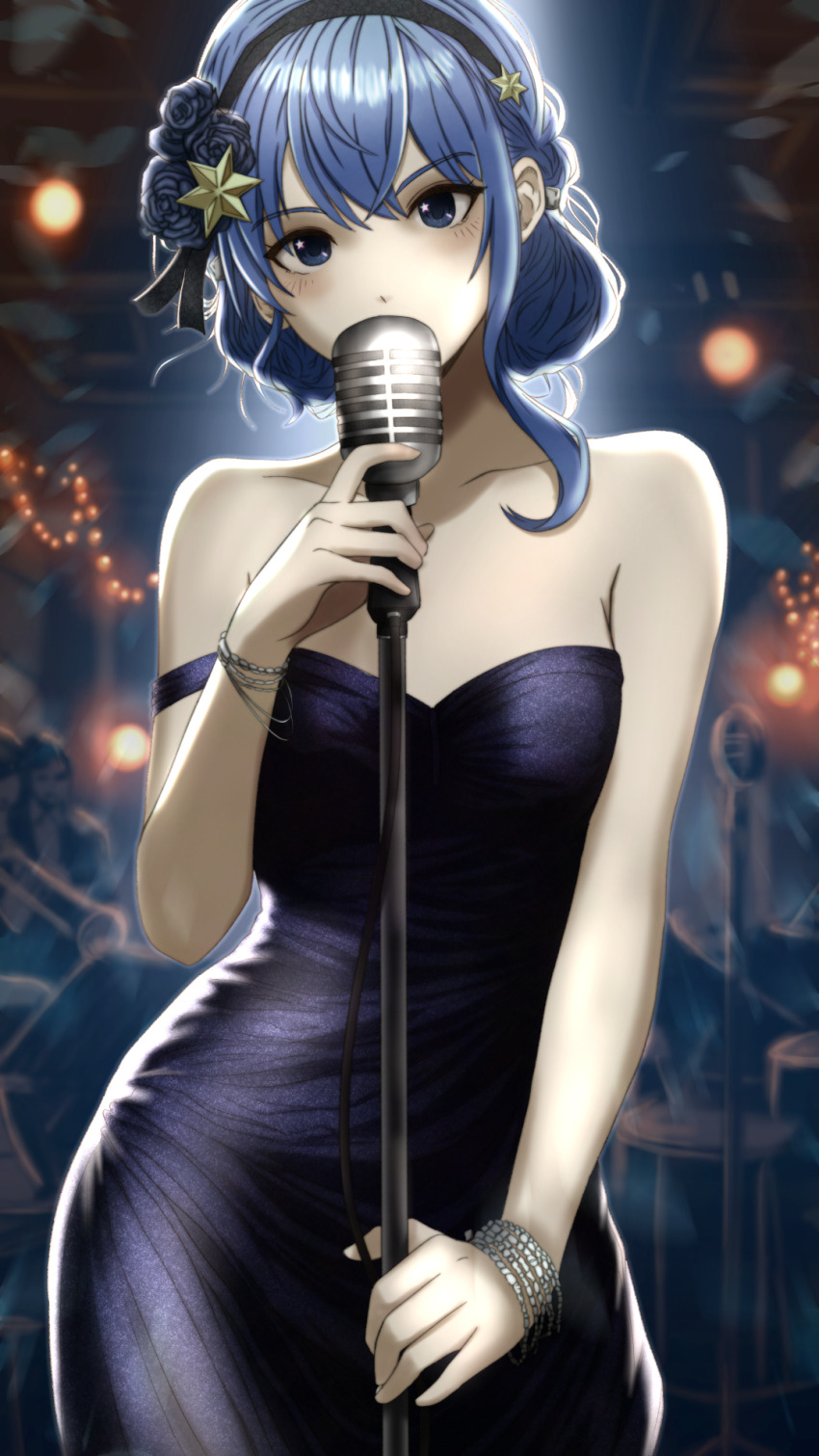 1boy 1girl backlighting blue_dress blue_eyes blue_flower blue_hair blue_rose blurry blurry_background bracelet breasts covered_mouth dot_nose double-parted_bangs dress flower hair_between_eyes hair_flower hair_ornament hair_ribbon highres holding holding_microphone holding_microphone_stand hololive hoshimachi_suisei jewelry light_blush light_rays looking_at_viewer microphone microphone_cord microphone_stand mikan_mizu off-shoulder_dress off_shoulder ribbon rose single_sidelock small_breasts spotlight star_(symbol) star_hair_ornament star_in_eye string_lights symbol_in_eye virtual_youtuber