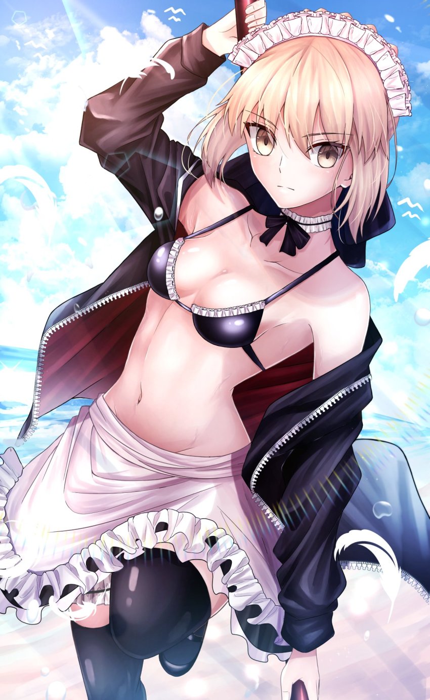 1girl apron artoria_pendragon_(alter_swimsuit_rider)_(fate) artoria_pendragon_(alter_swimsuit_rider)_(second_ascension)_(fate) artoria_pendragon_(fate) bikini black_bikini black_jacket black_ribbon black_skirt black_thighhighs blonde_hair blush braid breasts bridal_garter choker cleavage fate/grand_order fate_(series) french_braid frilled_choker frills hair_bun hair_ribbon highres hood hooded_jacket ilsa34660285 jacket long_hair long_sleeves looking_at_viewer maid maid_bikini maid_headdress medium_breasts mop navel open_clothes open_jacket ribbon sidelocks skirt solo swimsuit thighhighs thighs unconventional_maid waist_apron white_apron yellow_eyes