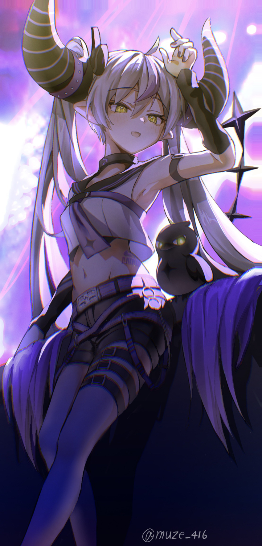1girl ahoge arm_strap artist_name barcode barcode_tattoo belt black_horns blush braid braided_bangs breasts collar crow_(la+_darknesss) demon_girl demon_horns grey_hair hair_between_eyes highres hip_tattoo hololive horns la+_darknesss la+_darknesss_(4th_costume) large_horns long_hair looking_at_viewer metal_collar multicolored_hair multiple_thigh_straps muze_nptd2527 nail_polish navel necktie official_alternate_costume open_mouth pointy_ears purple_belt purple_hair purple_horns purple_necktie shorts small_breasts smile solo stomach_tattoo streaked_hair striped_horns tail tattoo thigh_belt thigh_strap thighs twintails virtual_youtuber yellow_eyes