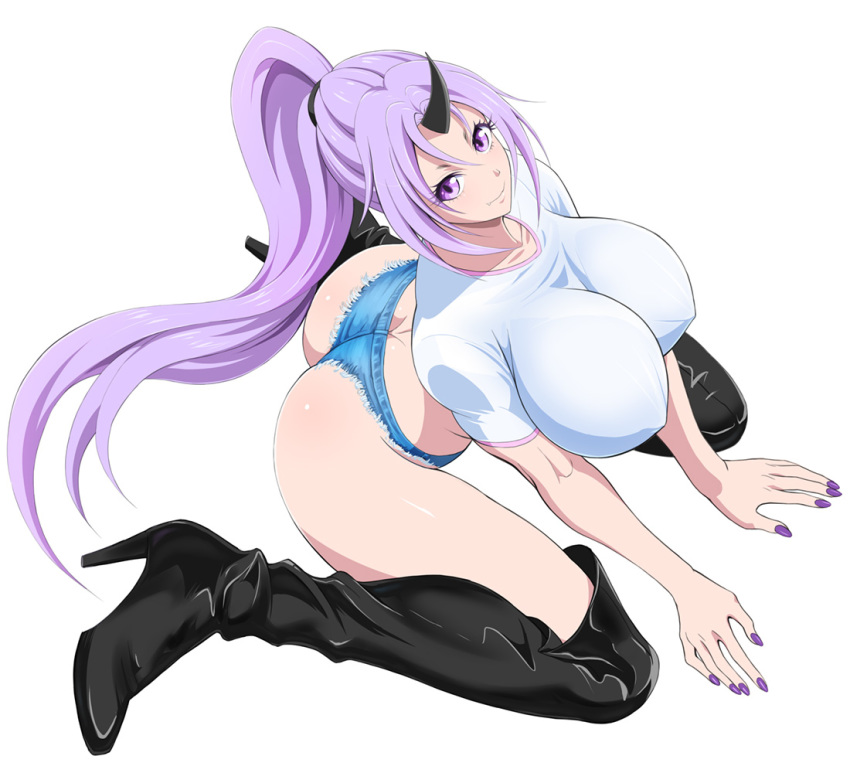 1girl alternate_costume ass black_horns boots breasts covered_erect_nipples from_above horn horns huge_ass large_breasts long_hair looking_at_viewer looking_up nail_polish oni oni_girl oni_horn oni_horns ponytail purple_eyes purple_hair purple_nails shiny_skin shion_(tensei_shitara_slime_datta_ken) shirt shopyun short_ponytail short_shorts shorts single_horn sitting smile solo tensei_shitara_slime_datta_ken wariza white_background white_shirt